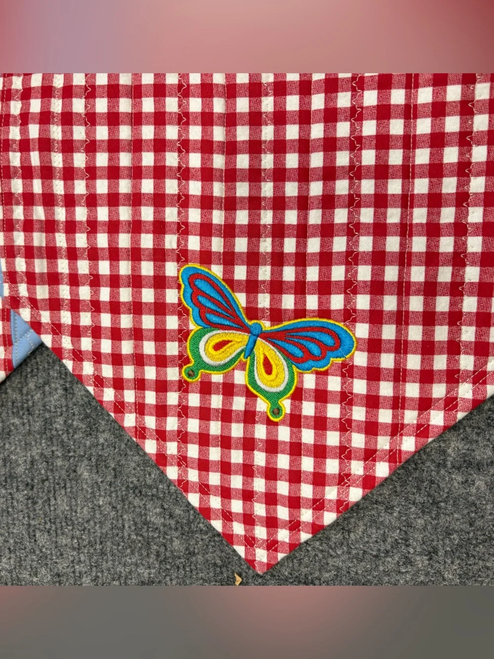 Red Gingham Table Runners with Light Blue Trim and Butterfly Embroidery
